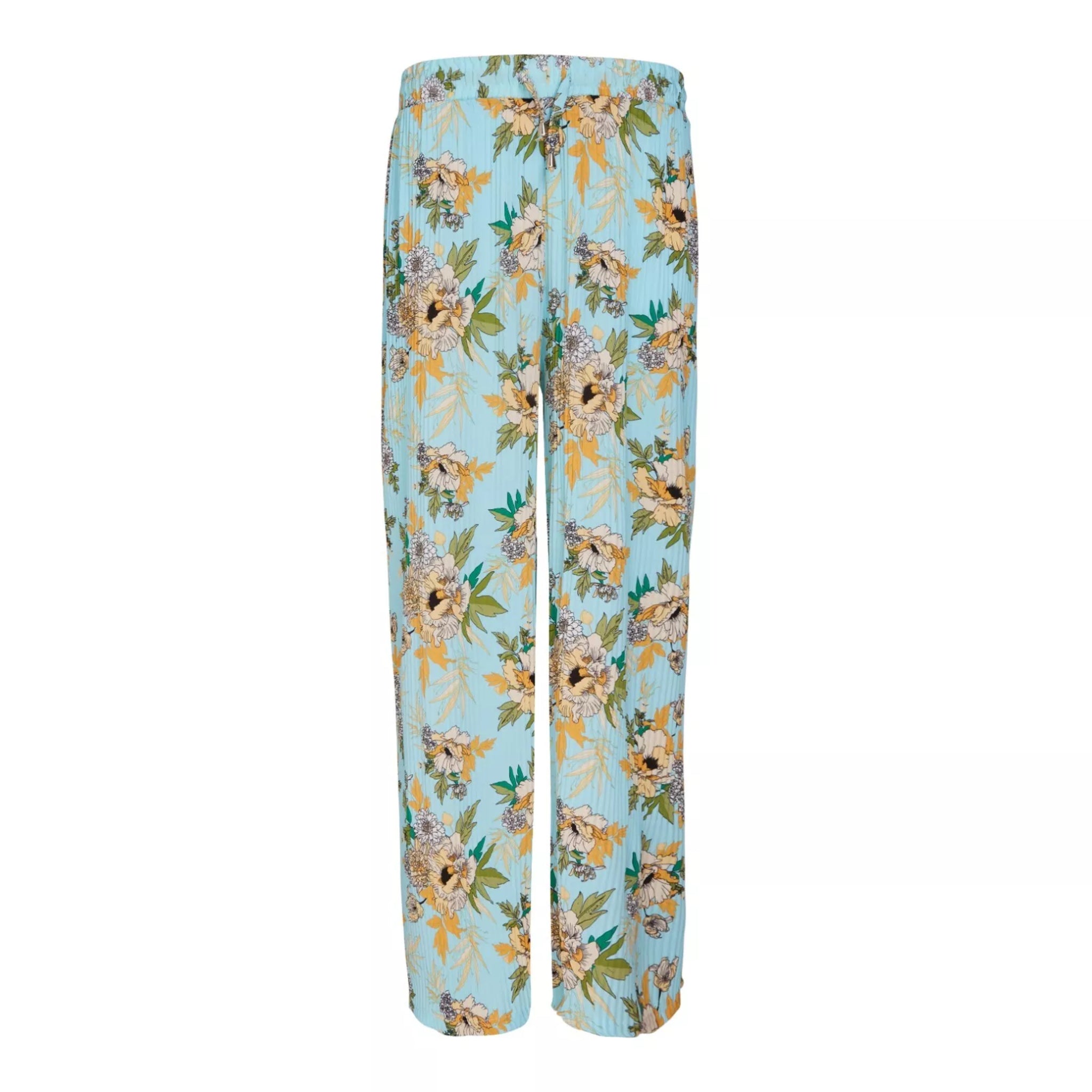 Ladies floral palazzo trousers – lightweight wide leg summer pants with blue background and yellow flower pattern